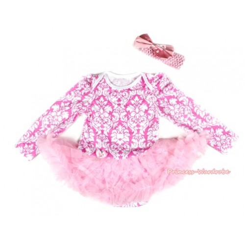 Light Pink White Damask Long Sleeve Baby Bodysuit Jumpsuit Light Pink Pettiskirt With Light Pink Headband Light Pink Satin Bow JS2174 