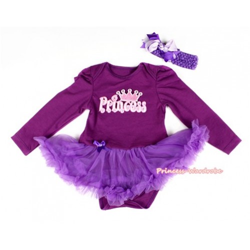  Dark Purple Long Sleeve Baby Bodysuit Jumpsuit Dark Purple Pettiskirt With PRINCESS Print & Dark Purple Headband Light Pink Dark Purple Screwed Ribbon Bow JS2282 