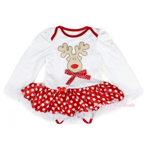 Xmas White Long Sleeve Baby Bodysuit Jumpsuit Minnie Dots White Pettiskirt With Christmas Reindeer Print & Minnie Dots Bow Print JS2306 
