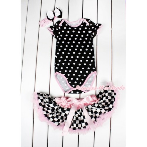 Black White Polka Dots Baby Jumpsuit with Light Pink Black White Checked Newborn Pettiskirt & Light Pink Headband White Black Ribbon Bow JN03 